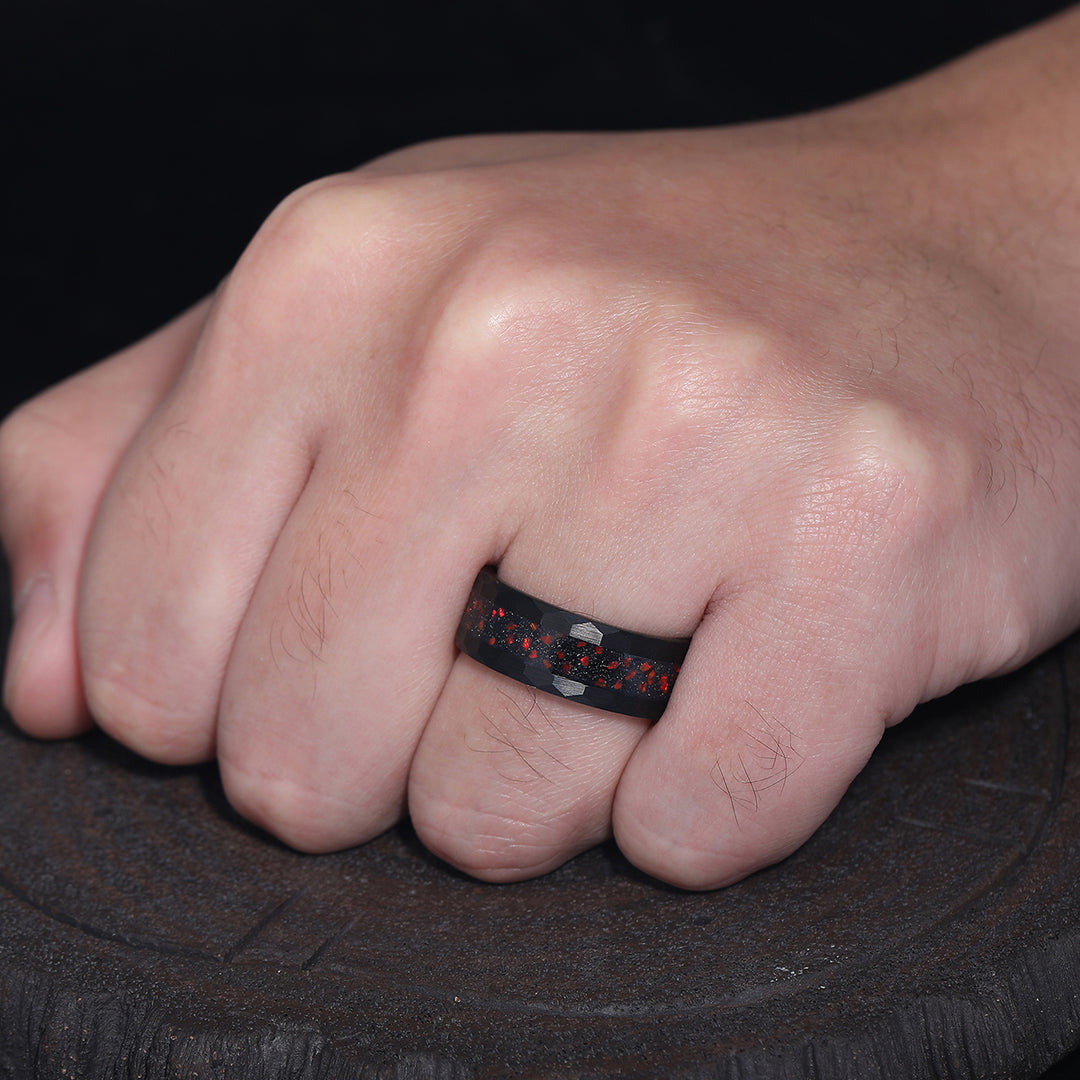 Unique Blue Sandstone Red Fire Opal Unisex Promise Wedding Band Promise Hammered Black Men's Tungsten Ring