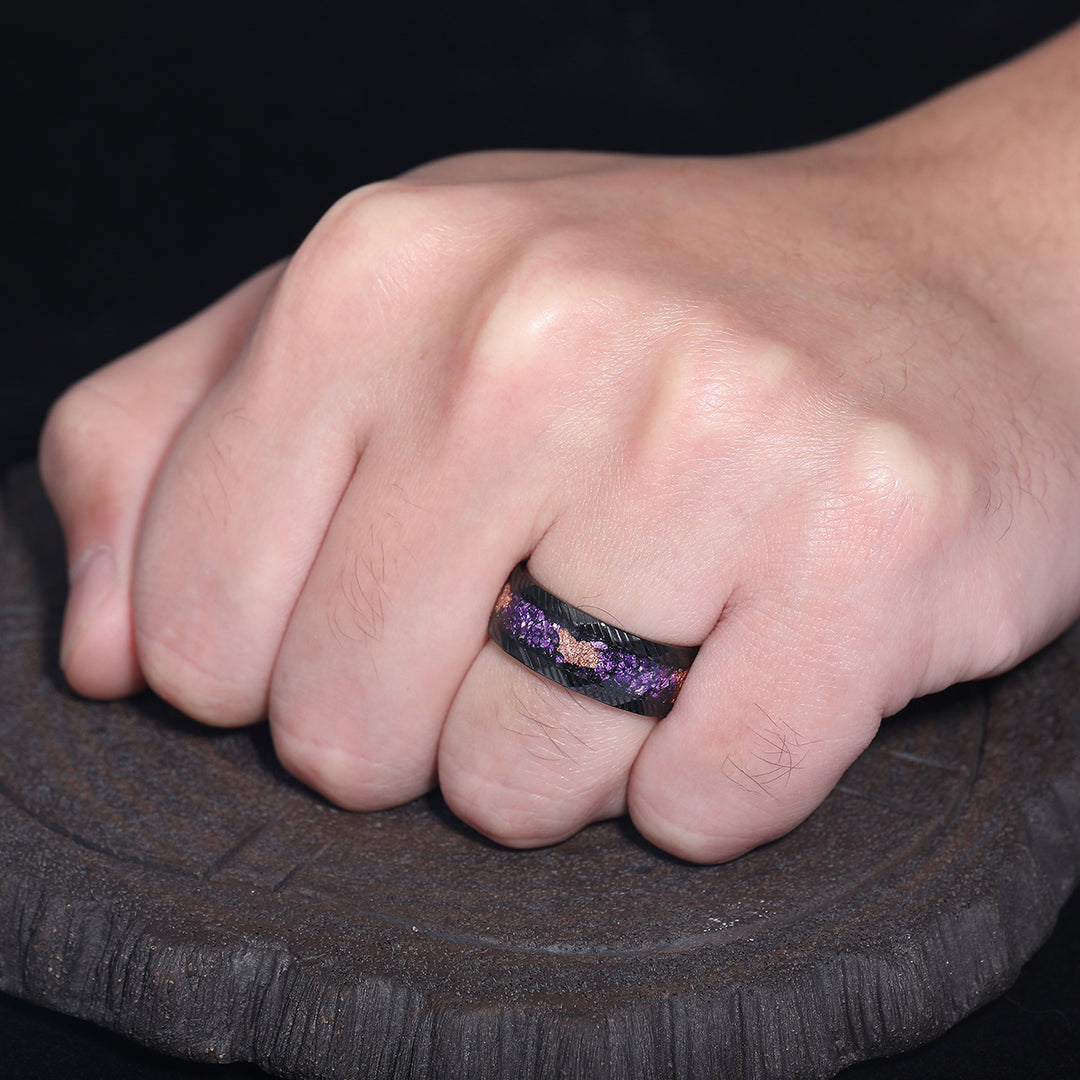 Hammered Damascus Steel - Crushed Gold Foil and Amethyst Inlay Men’s Promise Ring Unisex Bands