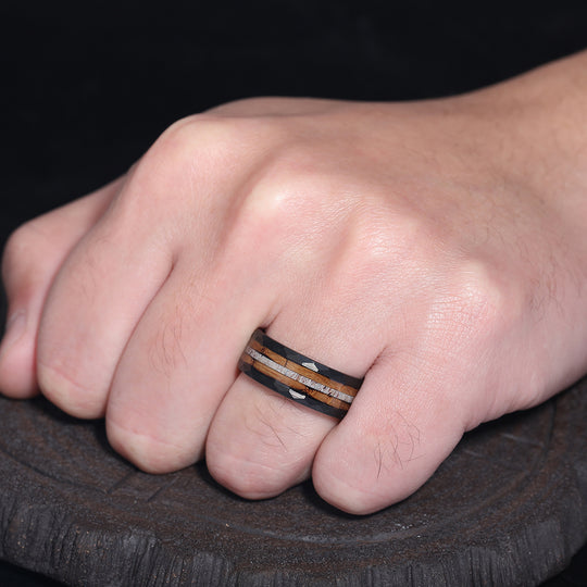 Tactile Wood Strips Tungsten Wedding Band Rose Gold Black Plated Smooth Ring Unisex Ring Gift