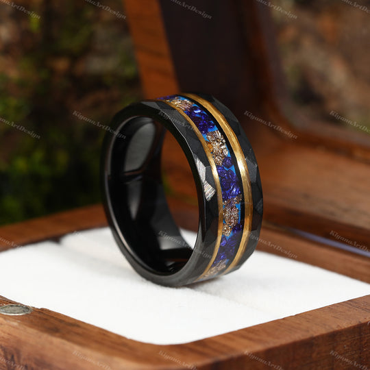 Blue Sapphire Gold Foil Hammered Men's 8mm Tungsten Ring Unisex Ring Gift