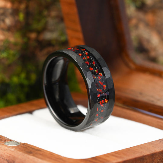 Unique Blue Sandstone Red Fire Opal Unisex Promise Rings Hammered Red Black Men's Tungsten Ring