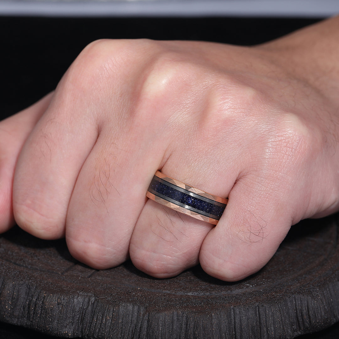 Starry Dark Blue Sandstone Wide Men' s Tungsten Wedding Band Promise Hammered Unisex Ring