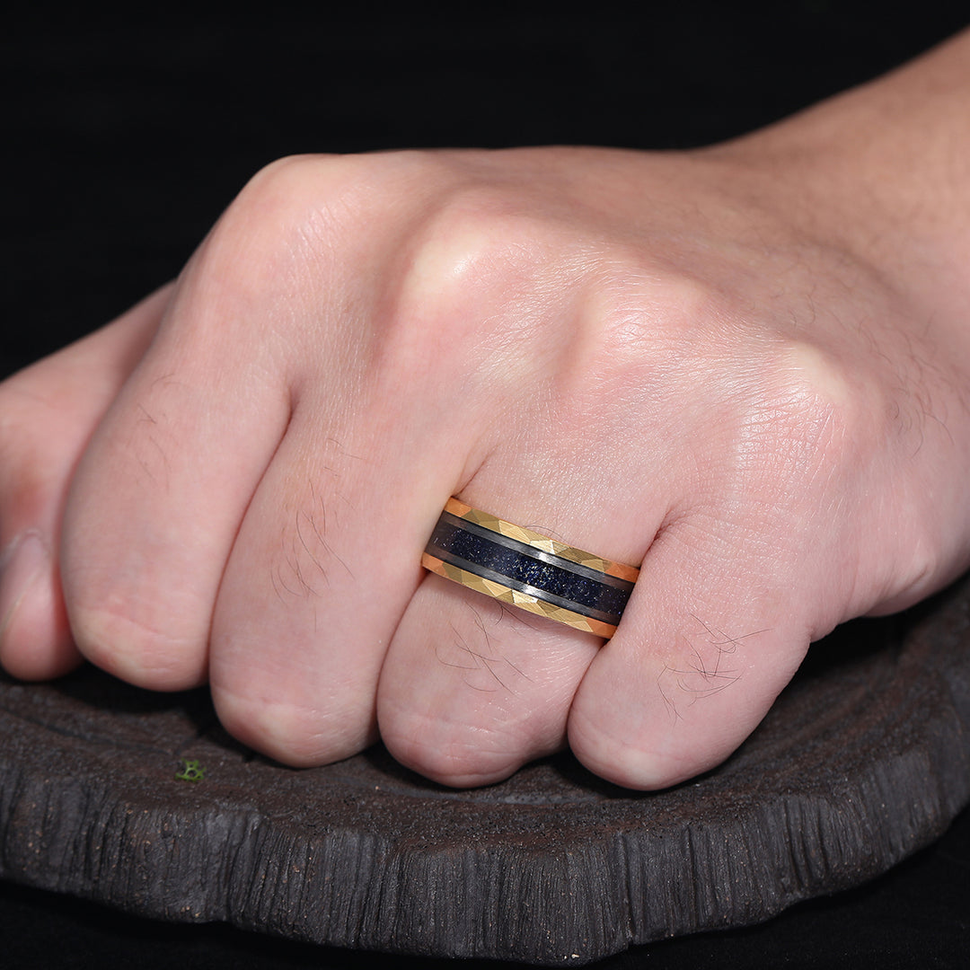 Starry Dark Blue Sandstone Wide Men' s Tungsten Wedding Band Promise Hammered Unisex Ring