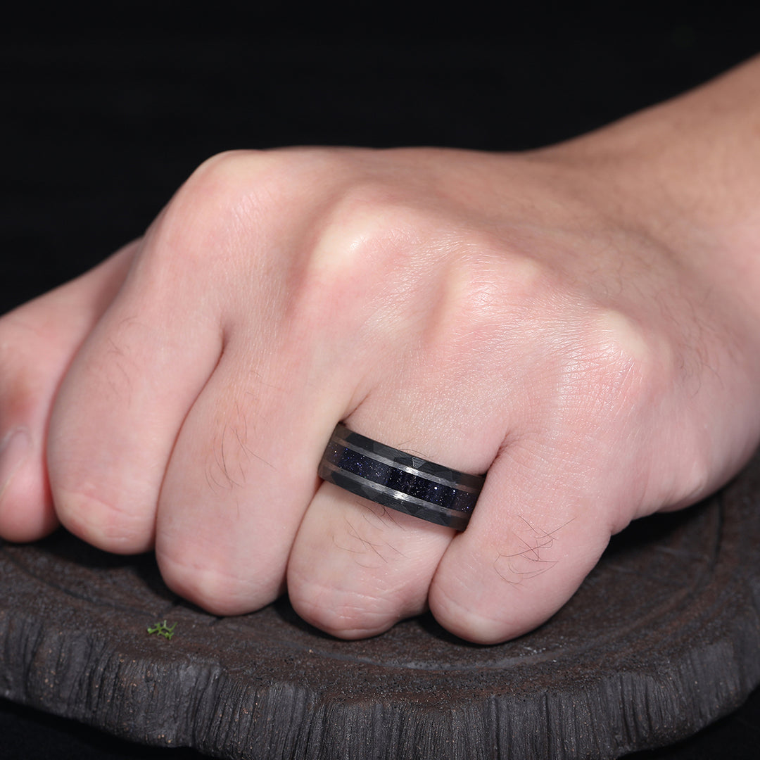 Starry Dark Blue Sandstone Wide Men' s Tungsten Wedding Band Promise Hammered Unisex Ring