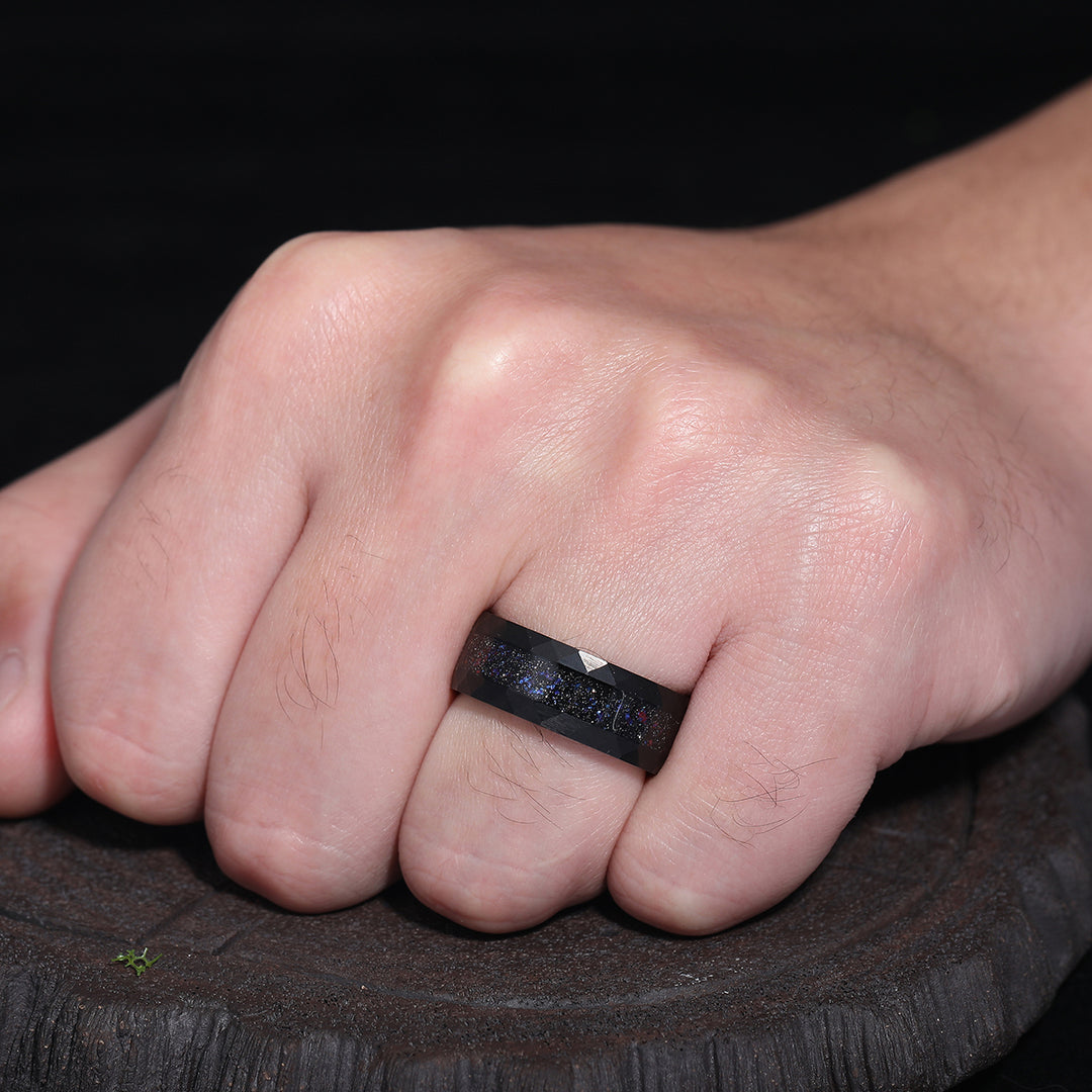 Starry Galaxy Crushed Blue Opal Tungsten Men' s Wedding Band Black Promise Unisex Ring