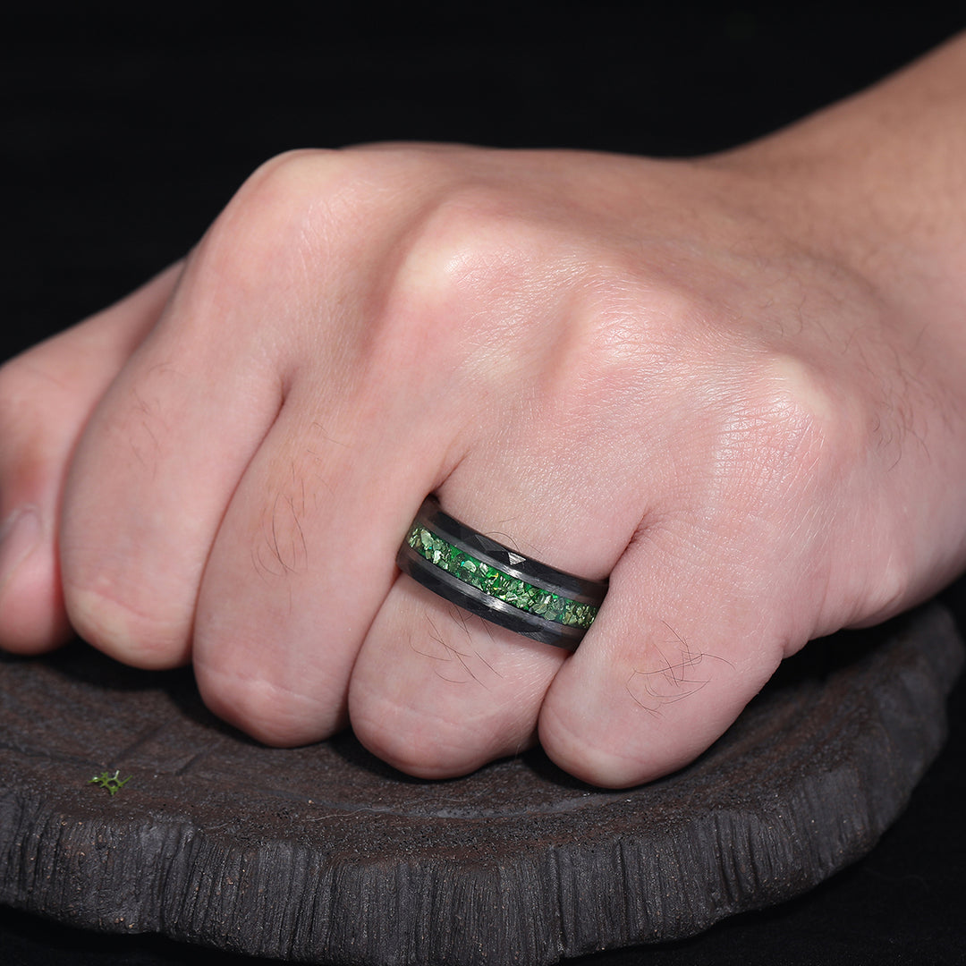 Green Emerald Men' s Tungsten Ring Hammered Unisex Anniversary Birthday Wedding Band