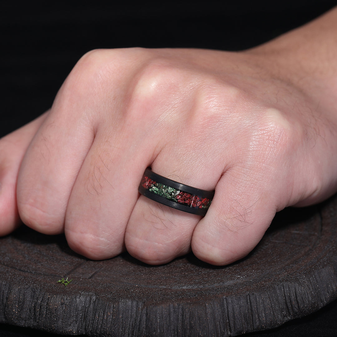 Unique Two-tone Emerald Ruby Mens Tungsten Ring Promise Black Anniversary Unisex Wedding Band