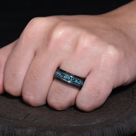 Unique Blue Green Turquoise Men' s Tungsten Ring Hammered Men And Women Anniversary Birthday Ring