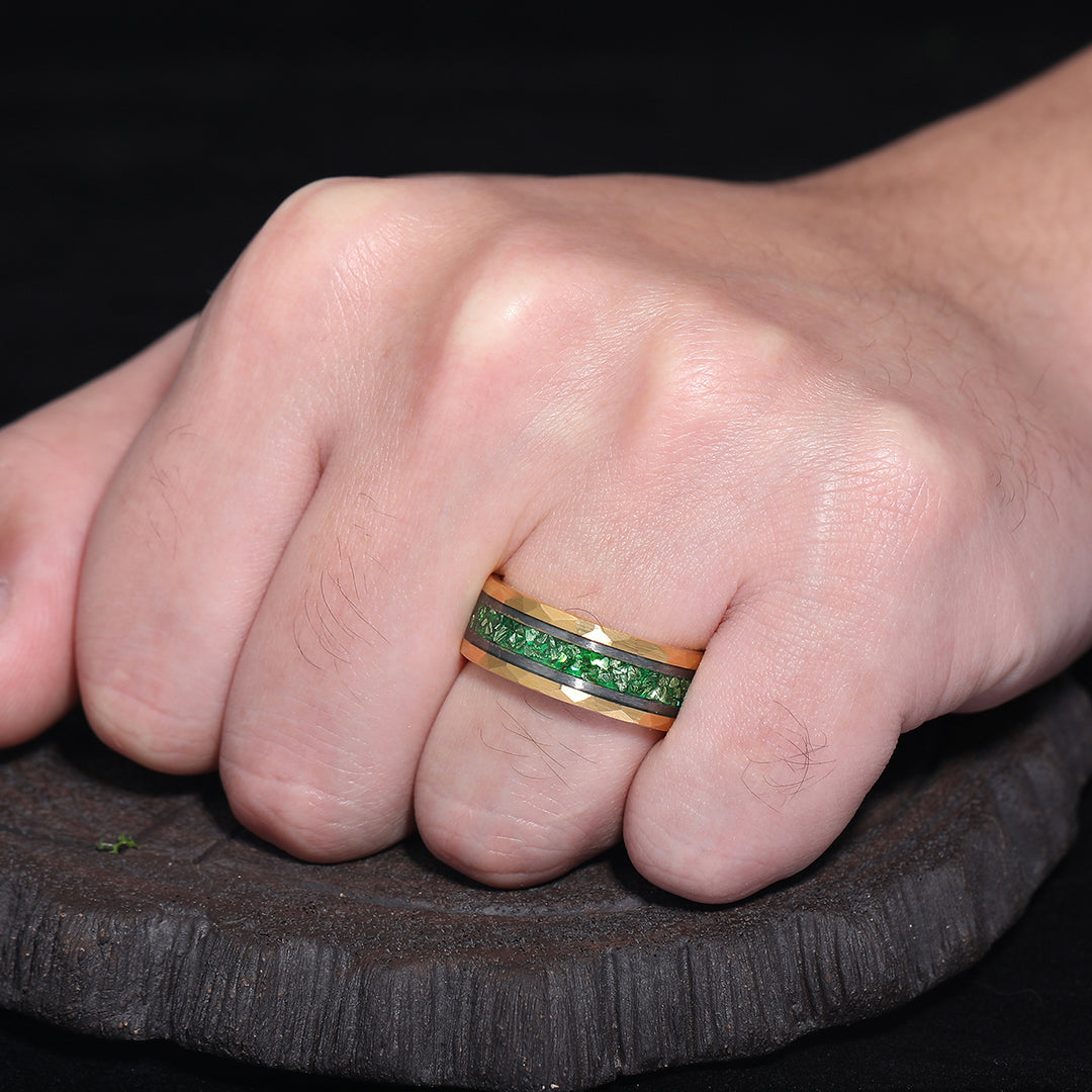 Green Emerald Men' s Tungsten Ring Hammered Unisex Anniversary Birthday Wedding Band