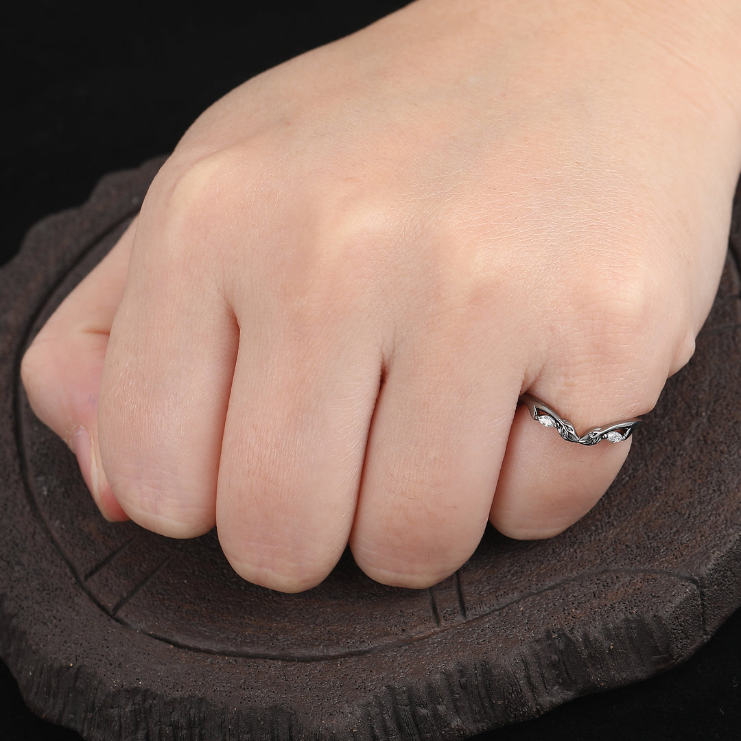 Curved V Shaped 0.09ct Moissanite 14k Gold Stacking Matching  Unique Leaf Wedding Band