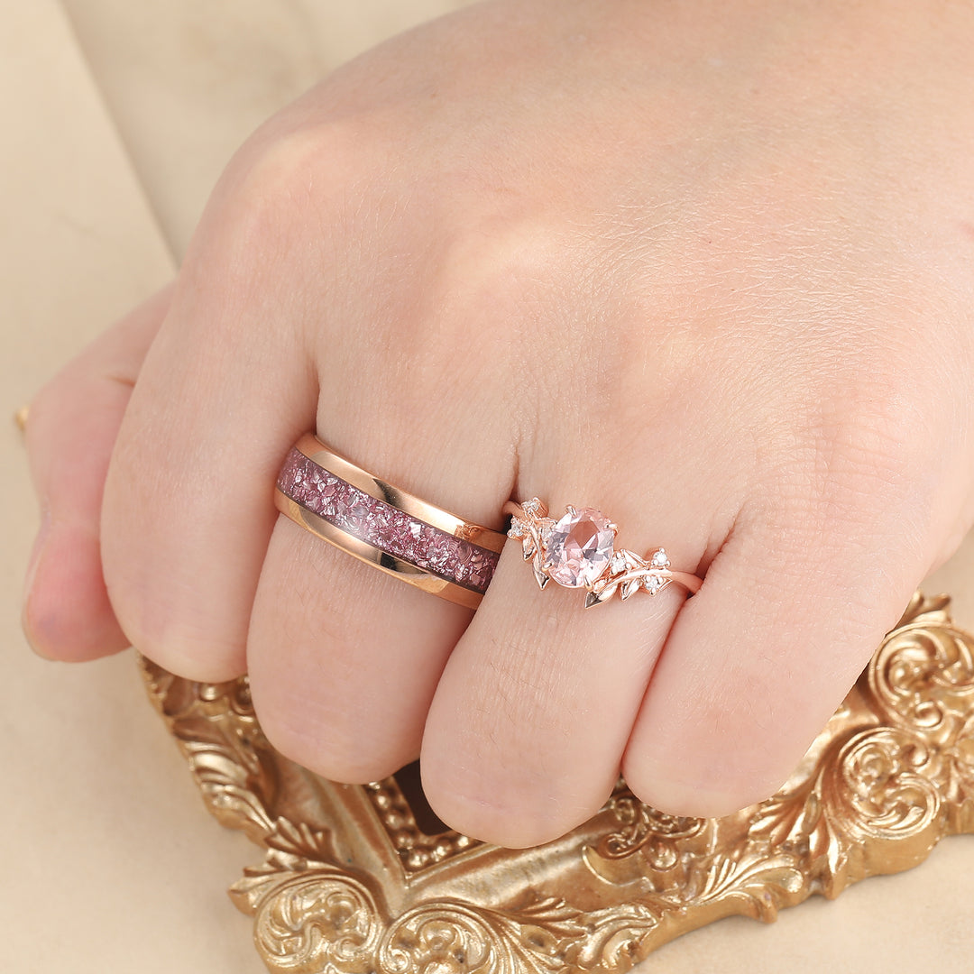 Artsy Leaf 1.25CT Pink Morganite Ring S925 And Tungsten His and Hers Wedding Band