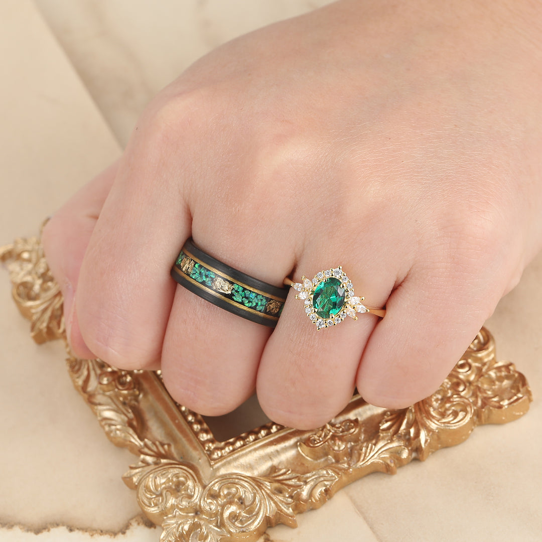 Oval Emerald Cluster Ring Matching Blue Green Opal Tungsten Anniversary Couples Ring Set