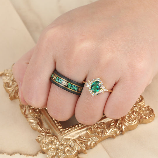 Oval Emerald Cluster Ring Matching Blue Green Opal Tungsten Anniversary Couples Ring Set