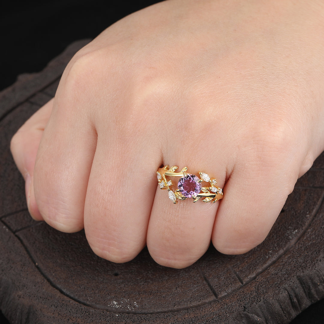 14k Rose Gold Natural Amethyst round cut nature inspired Leaf Vine Bypass ring