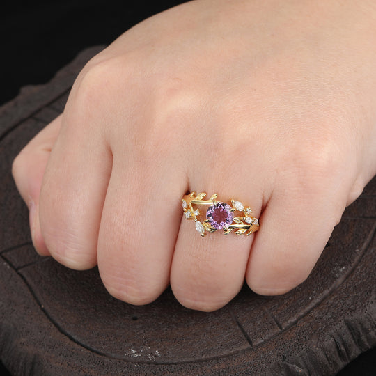 14k Rose Gold Natural Amethyst round cut nature inspired Leaf Vine Bypass ring