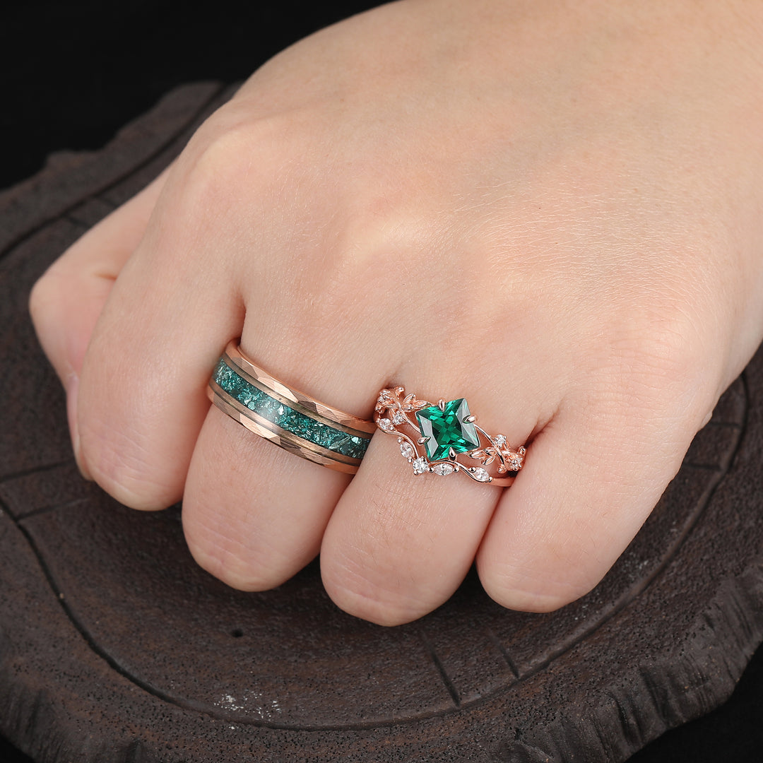 Unique Princess Cut Emerald Leaf Twig Couple Ring Set Emerald Rose Gold Plated His And Hers Rings
