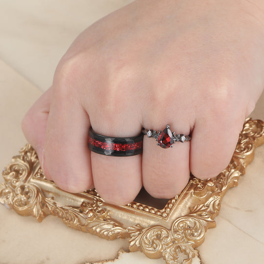 Exquisite filigrane natürliche rote Granat-Paarringe moderne rote Jubiläumsringe für Ihn und Sie passende Bänder