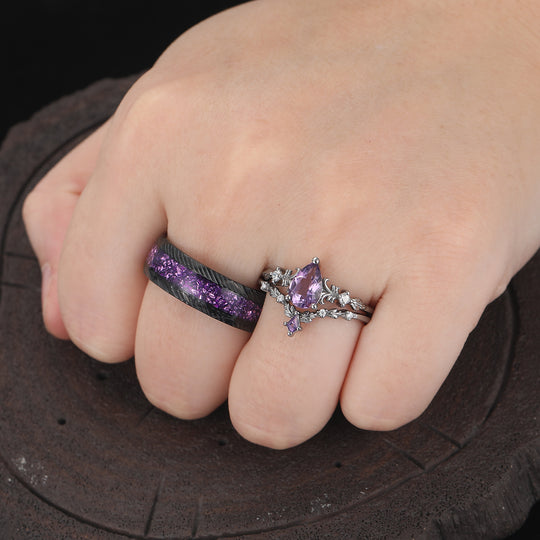Filigreed Purple Amethyst His And Hers Ring Set Nature Inspired Amethyst Couple Rings
