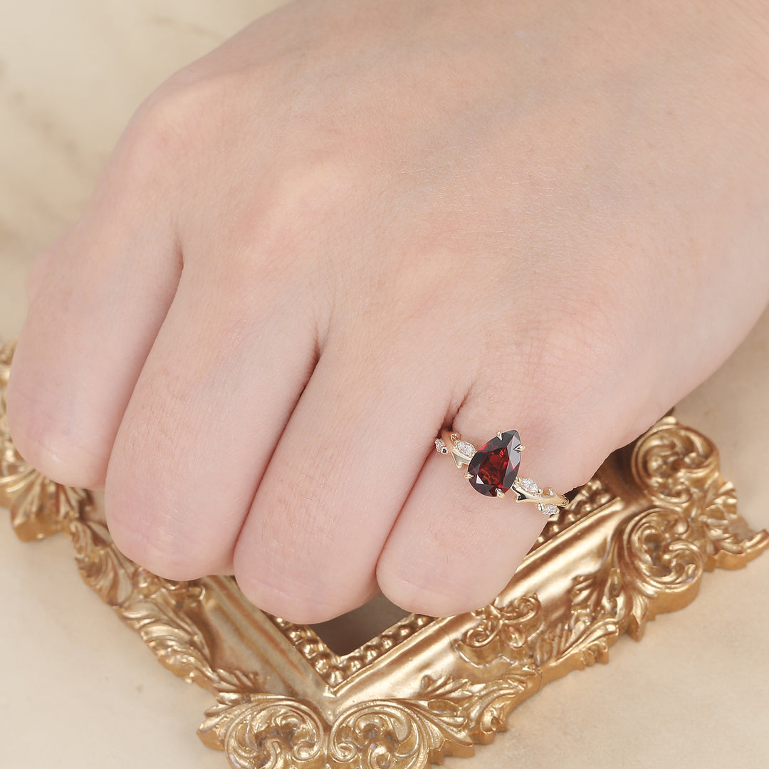 Vintage Leaf Vines 14k Solid Gold Pear Cut Natural Red Garnet Dianmond Ring -  Esdomera.com