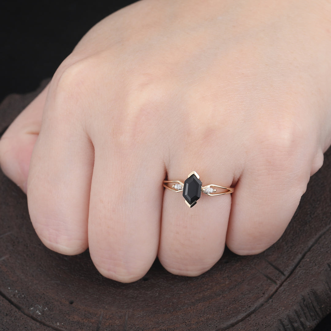 Vintage 1.1 CT Long Hexagon Cut Natural Black Onyx Bridal Ring Sterling Sliver -  Esdomera.com