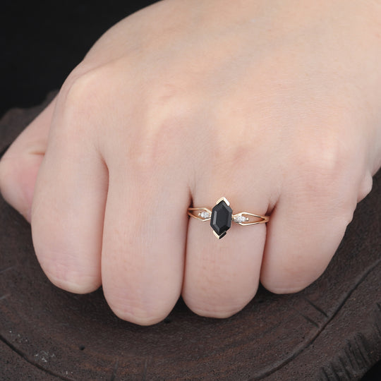 Vintage 1.1 CT Long Hexagon Cut Natural Black Onyx Bridal Ring Sterling Sliver -  Esdomera.com