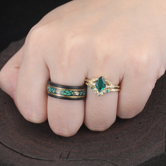 Unique Branch Design Pear Shape Emerald Leaf Engraved Couple Rings His And Hers Rings -  Esdomera.com