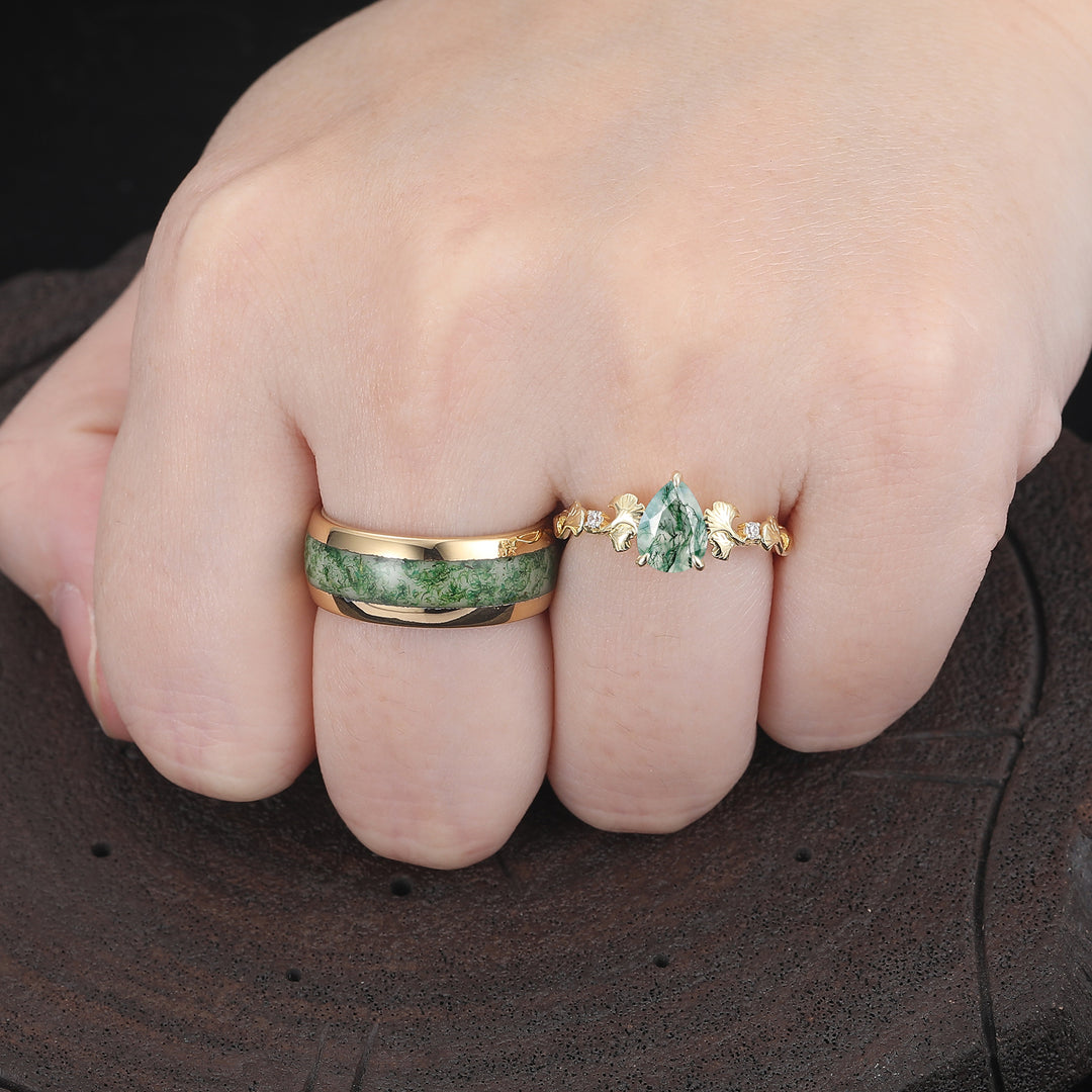 Ginkgo Branch Inspired Moss Agate His And Hers Ring Set Yellow Plated Band Couple Rings -  Esdomera.com