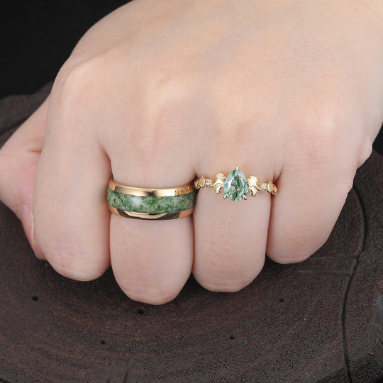 Ginkgo Branch Inspired Moss Agate His And Hers Ring Set Yellow Plated Band Couple Rings -  Esdomera.com