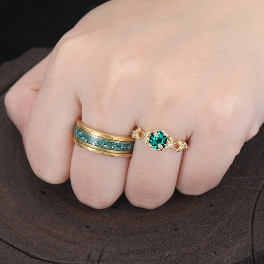 Unique Leaf Motif Prong Setting Hexagon Emerald Couple Rings S925 And Tungsten Ring Set -  Esdomera.com