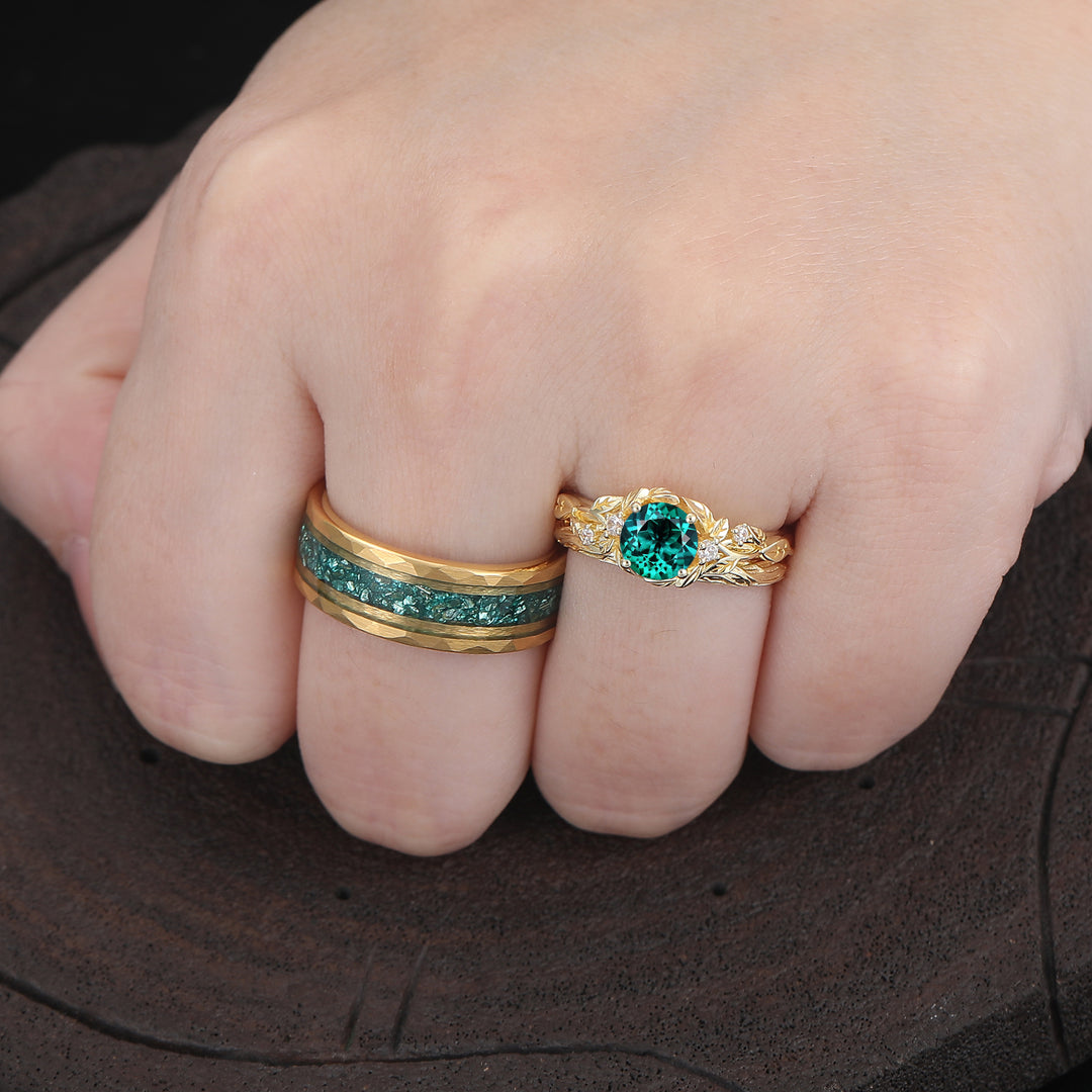 Vine Branch Design Round Emerald Couple Rings May Birthstone Gold Plated His And Hers Rings -  Esdomera.com