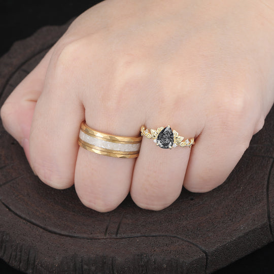 Leaf Style Black Rutilated Quartz Couple Rings Unique Gold Plated Silver And Tungsten Ring Set -  Esdomera.com