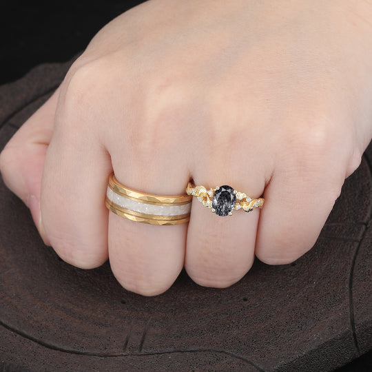 Ginkgo Leaf Motif Black Rutilated Quartz Couple Rings Art Deco His And Hers Wedding Ring Set -  Esdomera.com