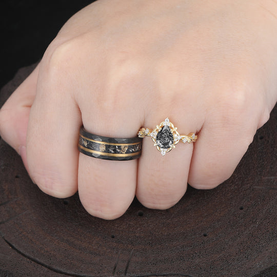 Vintage Floral Engraved Pear Black Rutilated Quartz Pair of Rings for Couples Wedding Ring Set -  Esdomera.com