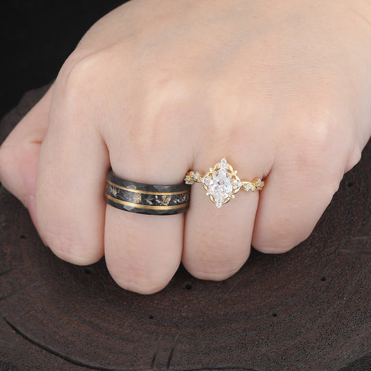Natural Inspired 1.3CT Pear Moissanite Couple Rings Silver And Tungsten His And Hers Ring Set -  Esdomera.com