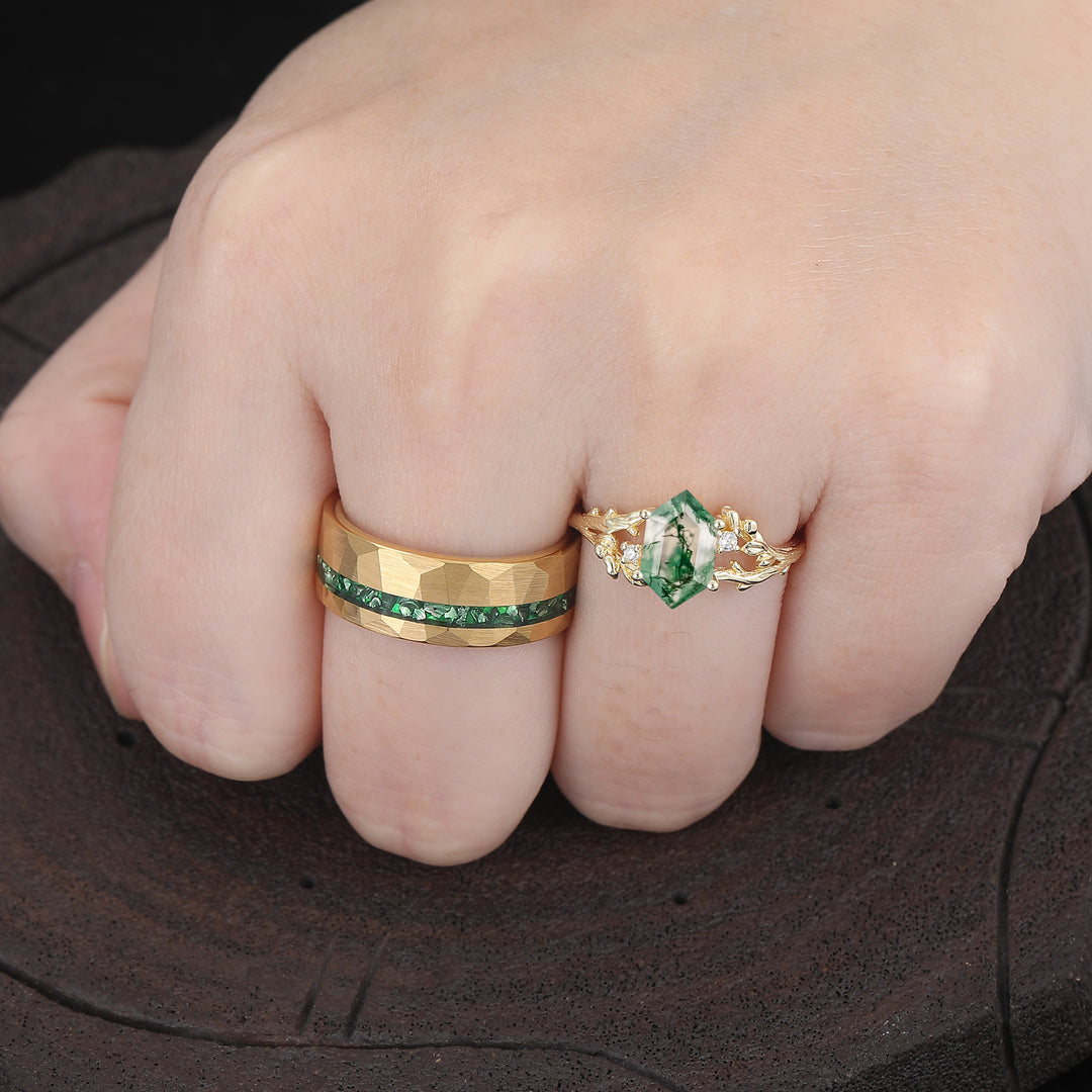 Nature-inspired Branch Moss Agate Marriage Ring Set Tungsten And S925 Couple Rings -  Esdomera.com