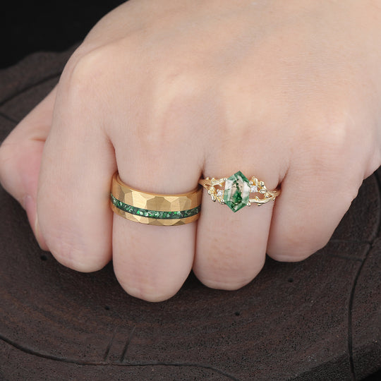Nature-inspired Branch Moss Agate Marriage Ring Set Tungsten And S925 Couple Rings -  Esdomera.com