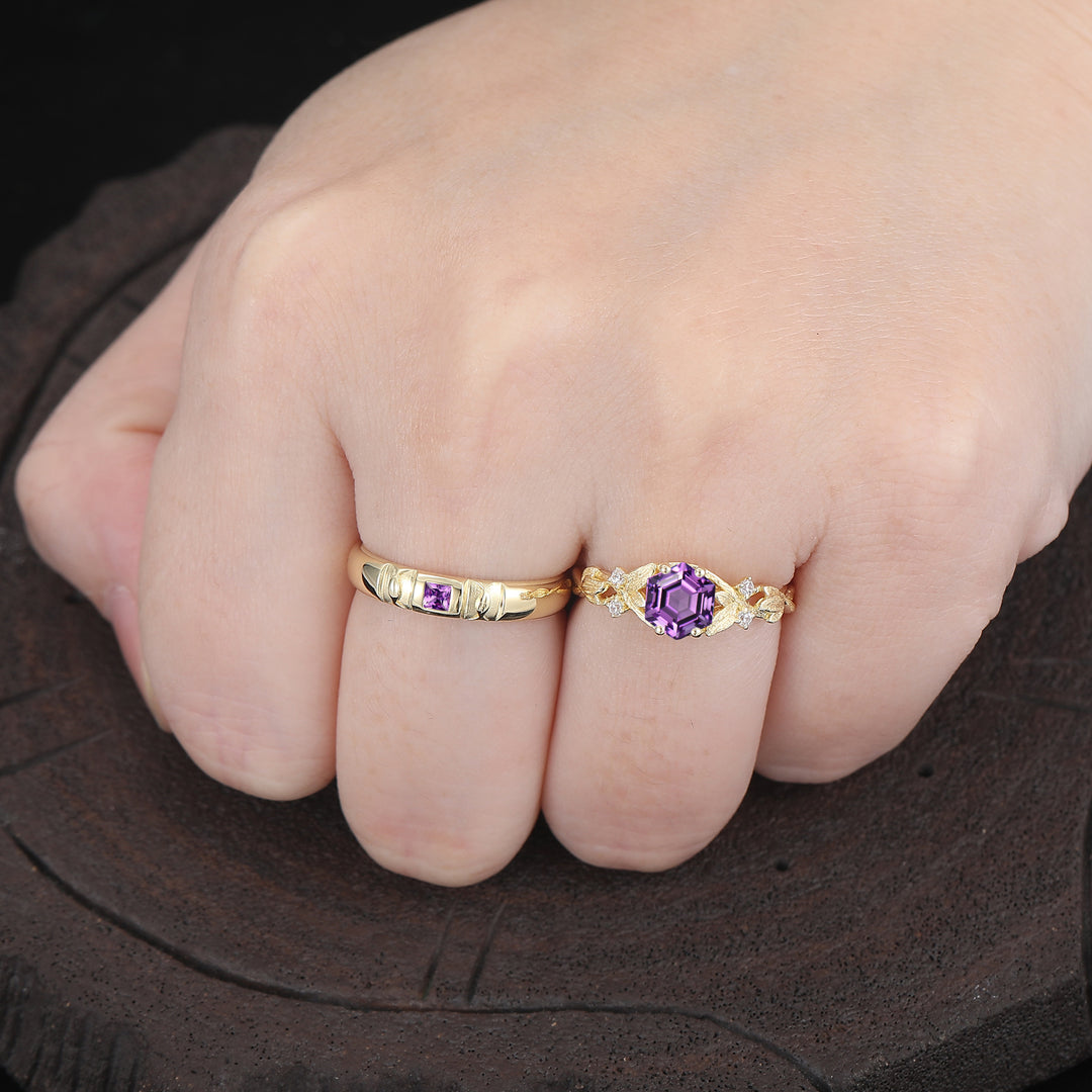 Natural Inspired Amethyst 2pcs His And Hers Wedding Ring Set Amethyst Solid Gold Couple Rings -  Esdomera.com