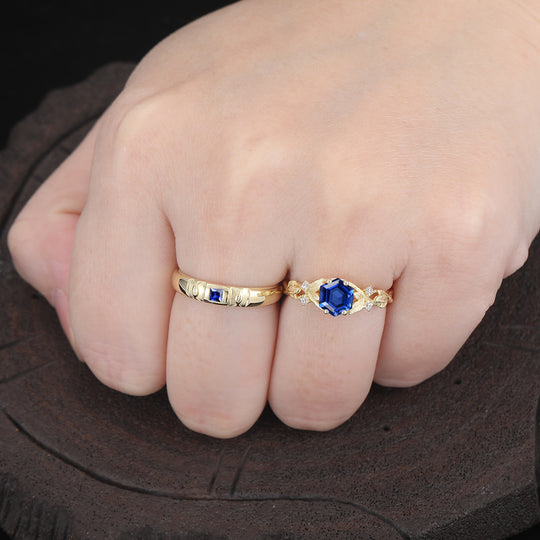 Leaf-inspired Sapphire Couple Rings 2pcs 14K Solid Gold Wedding Band For Men And Women -  Esdomera.com