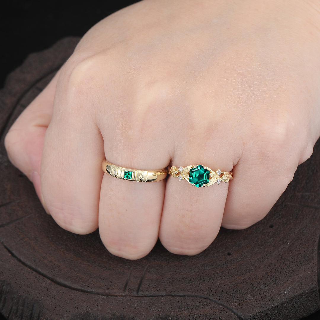 Emerald Leaf Design Marriage Ring Set 14K Solid Gold Pair of Rings for Couples -  Esdomera.com