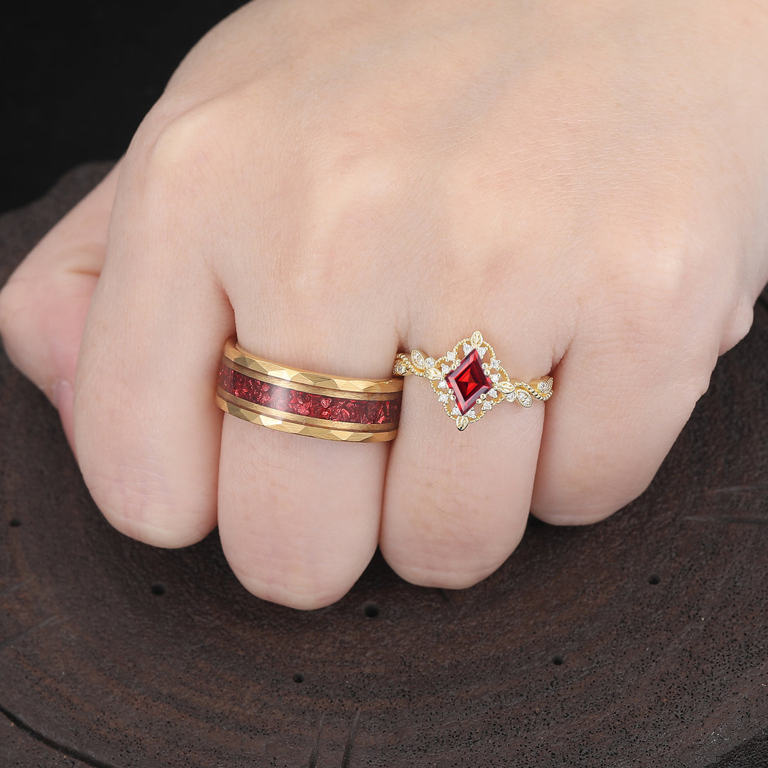 Vintage Milgrained Red Garnet Matching Rings Set For Couples Yellow Gold Plated Marriage Ring Set -  Esdomera.com