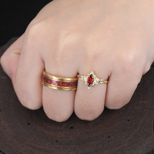 Romantic Red Garnet 2pc Matching Ring Set Leaf Style Silver And Hammered Tungsten Couple Rings -  Esdomera.com