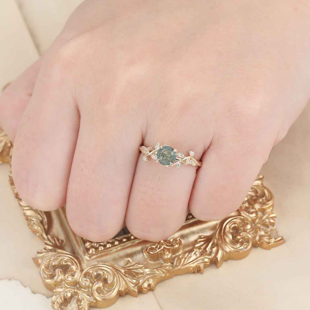 Solitaire Round Shape Moss Agate Engagement Ring Leaf Inspired Wedding Ring For Women -  Esdomera.com