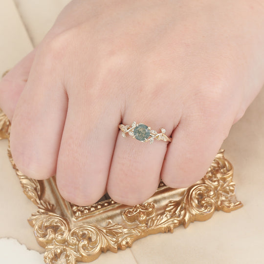 Solitaire Round Shape Moss Agate Engagement Ring Leaf Inspired Wedding Ring For Women -  Esdomera.com