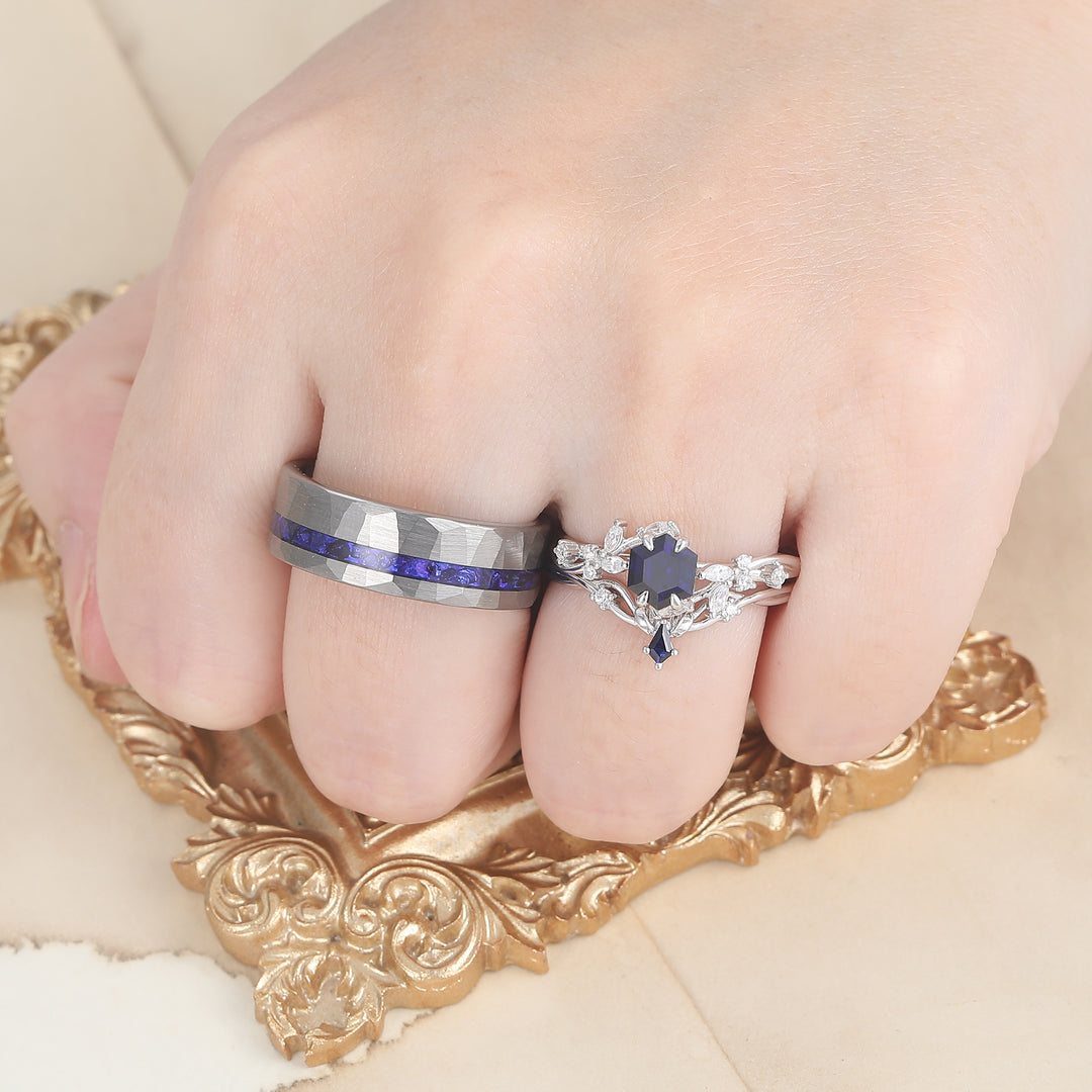 Nature Inspired Hexagon Sapphire Couple Ring Set Blue Marriage Ring Set His And Hers Rings -  Esdomera.com