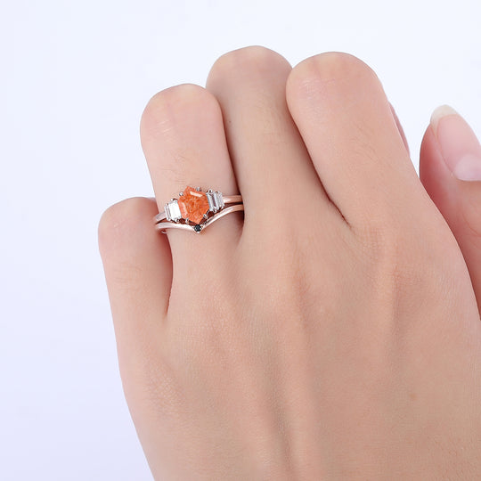 Unique 1.55CT Long Hexagon Cut Natural Sunstone Engagement Ring