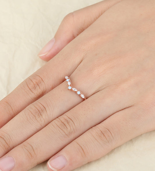 Natural Moonstone Moissanite Engagement Promise Stack Ring Dainty Curved Band