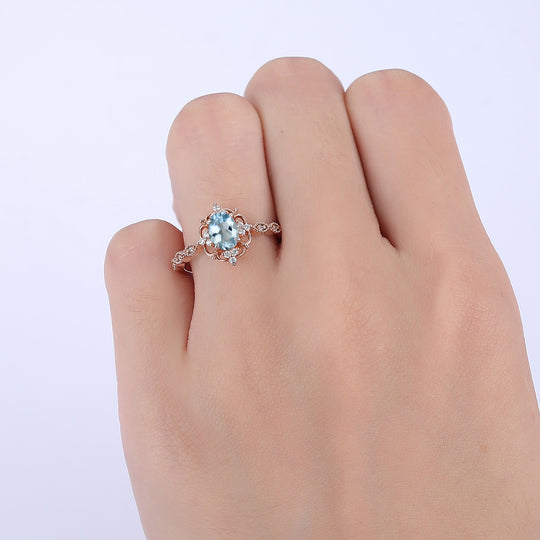 1CT Oval Cut Aquamarine Cluster Engagement Ring For Women Gift