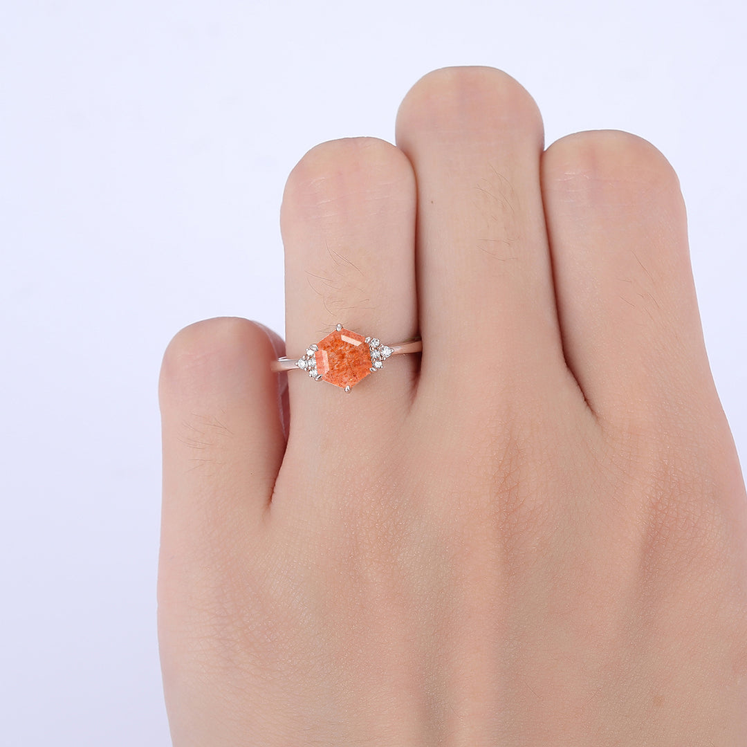 1.35CT Hexagon Cut Natural Sunstone Engagement Ring For Women Gift