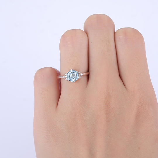 1.35CT Hexagon Cut Aquamarine Engagement Ring For Women Gift