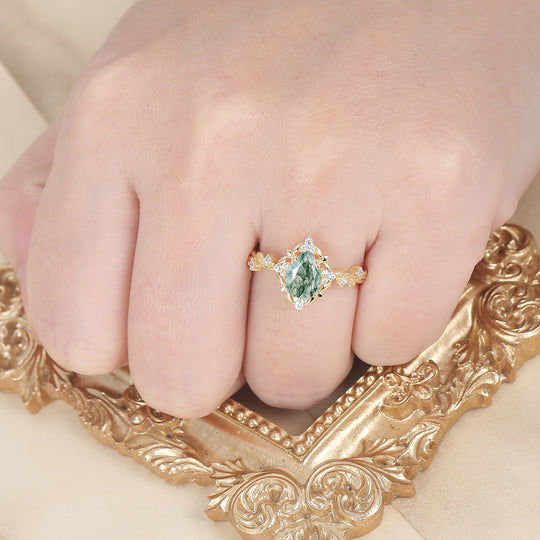 Floraler Ring mit durchbrochenem Birnenschliff-Moosachat für die Hochzeit, viktorianischer Blatt-Halo-Verlobungsring für Frauen